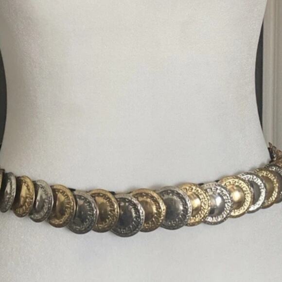 Vintage Gold Silver Metal Disc Coins Stretch Belt 80s Medallion - Picture 13 of 14